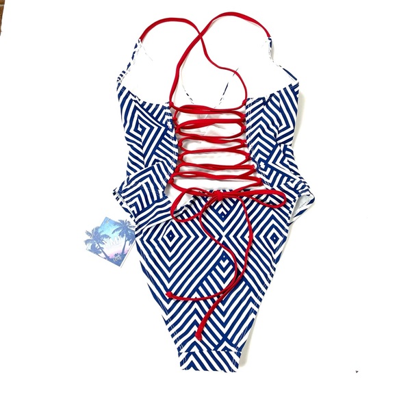 YMI Red, White & Blue Geometric Pattern Lace-up Back One Piece Swimsuit Sz S - Picture 2 of 4